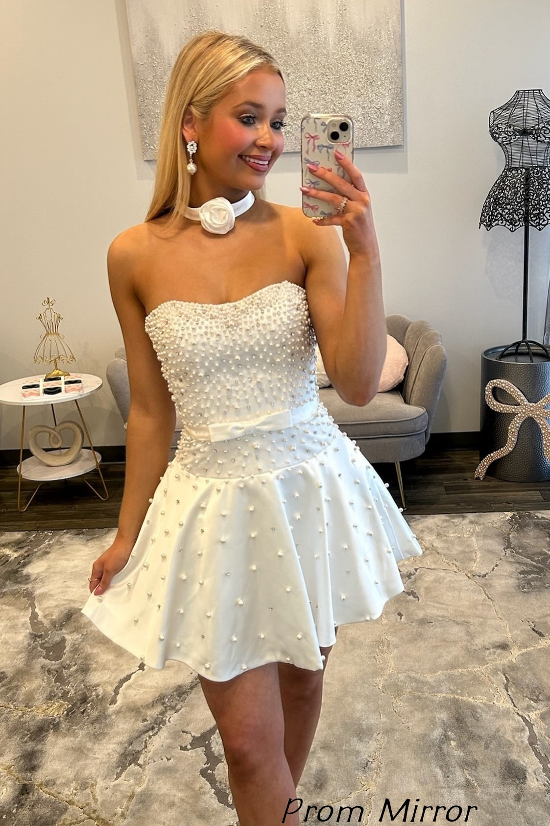 White Pearl Beaded A-Line Short Homecoming Dresses
