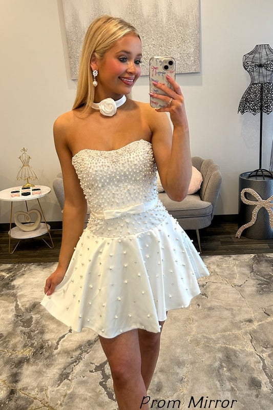 White Pearl Beaded A-Line Short Homecoming Dresses