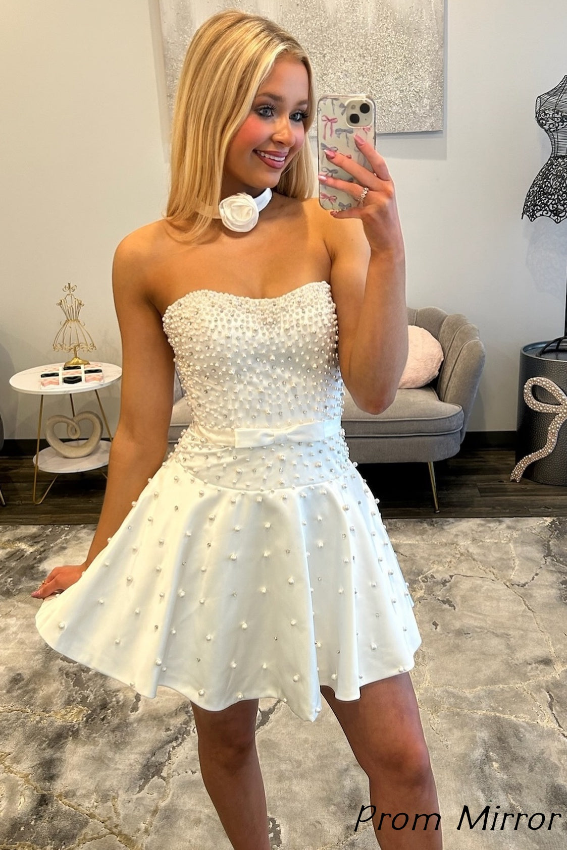 White Pearl Beaded A-Line Short Homecoming Dresses