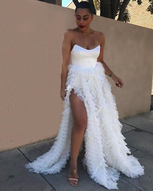 White Sleeveless Tulle Ruffle Prom Dress