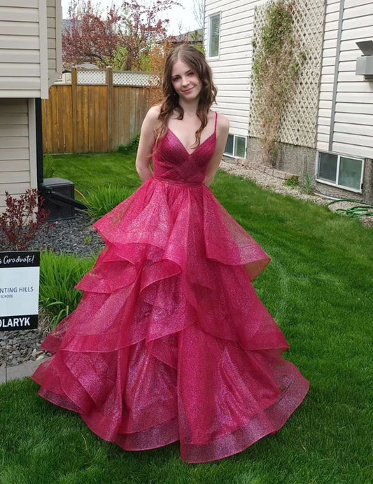 Wine Red Tulle Layers Straps V-neckline Prom Dress, Wine Red Tulle Evening Dress