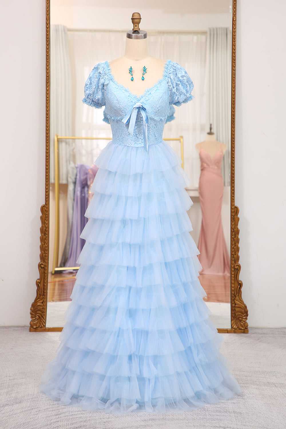 Short Sleeves Blue Lace and Tulle Tiered Dress