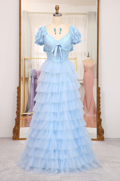 Short Sleeves Blue Lace and Tulle Tiered Dress