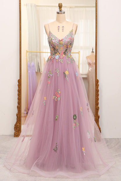 Blush Straps Floral Embroidered A-line Long Formal Dress