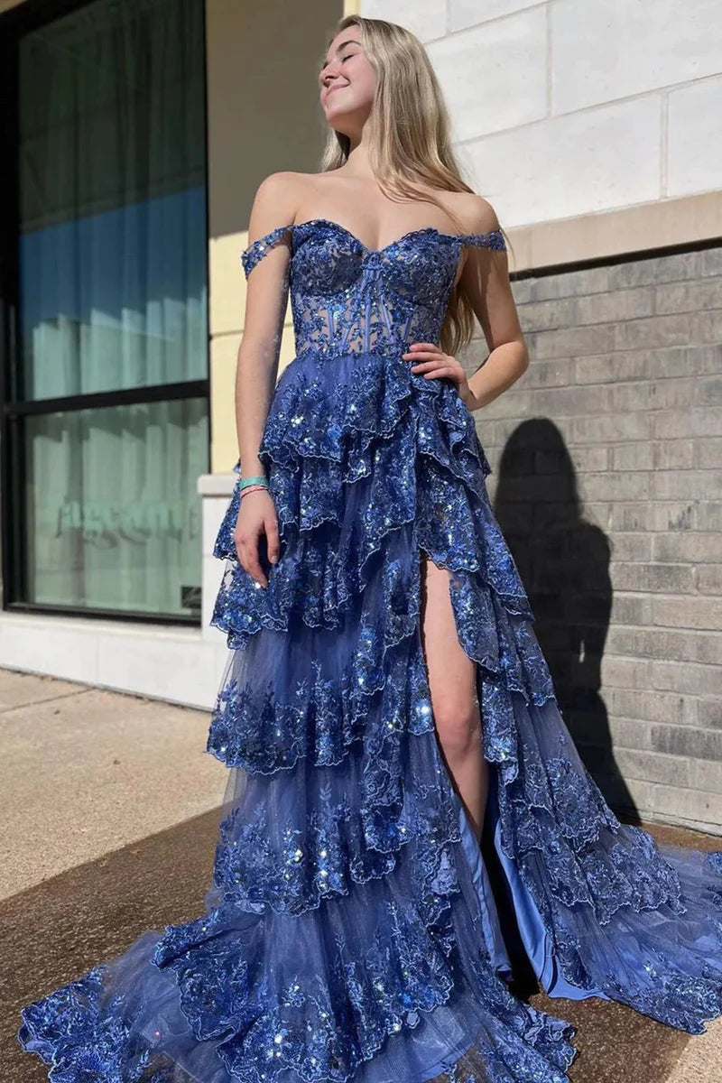 Off The Shoulder Sequins Lace Split Prom Evening Dress