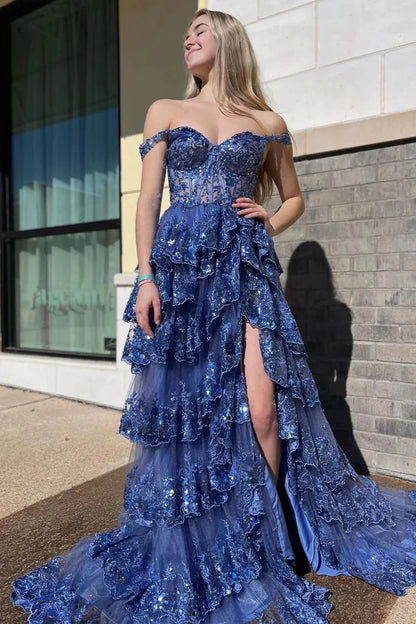 Off The Shoulder Sequins Lace Split Prom Evening Dress