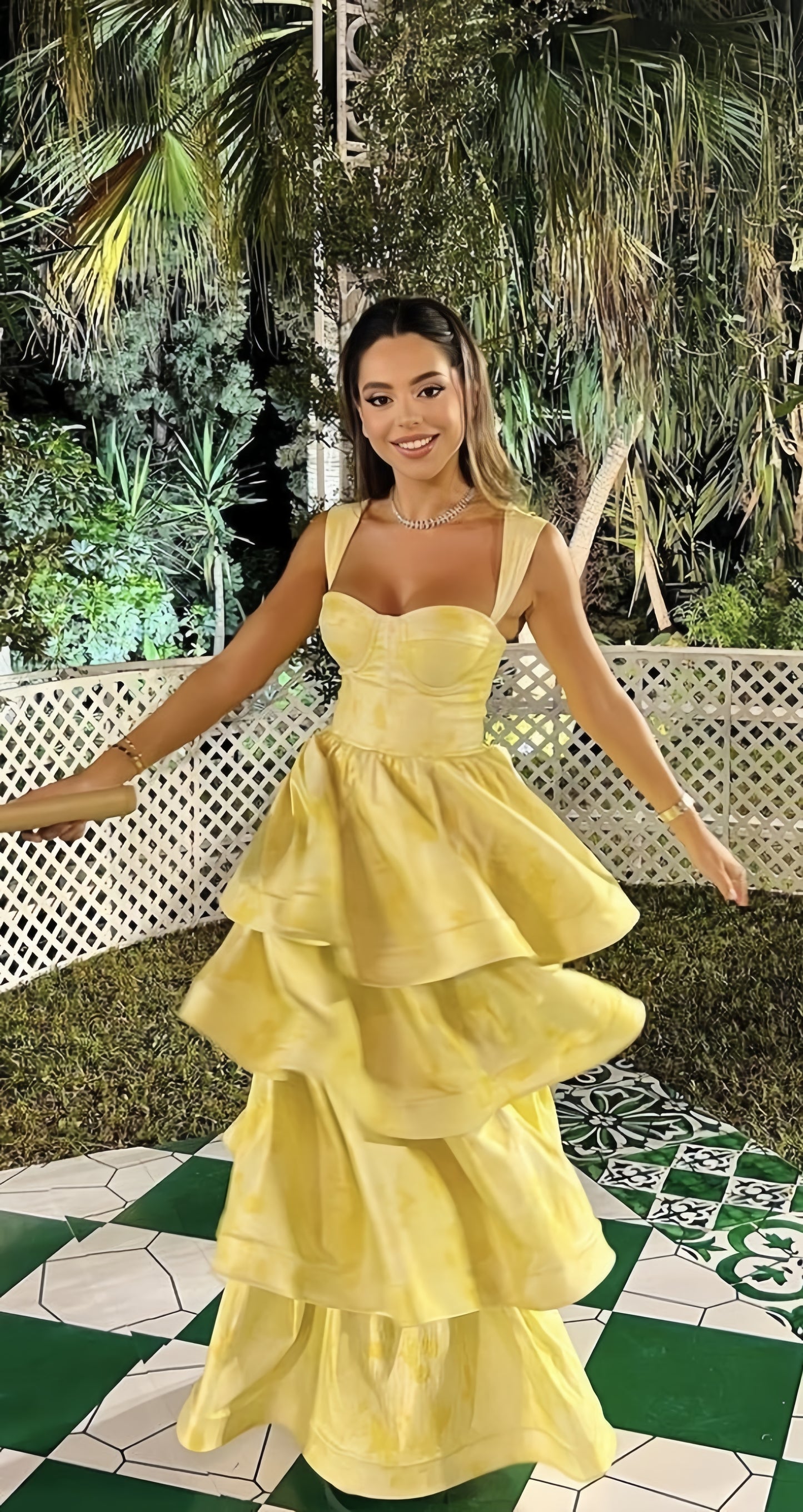 Lemon Yellow Printing Prom Dresses Fashion Evening Dresses Ruffle Formal Gown