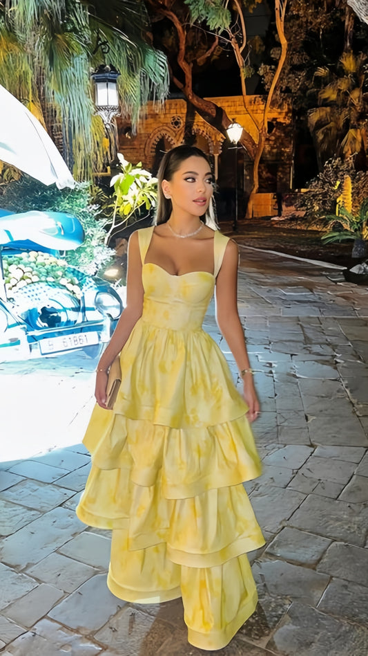 Lemon Yellow Printing Prom Dresses Fashion Evening Dresses Ruffle Formal Gown