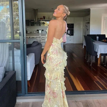 Yellow fashion elegant layered tulle long ball gown backless mermaid slim fit evening gown party dress