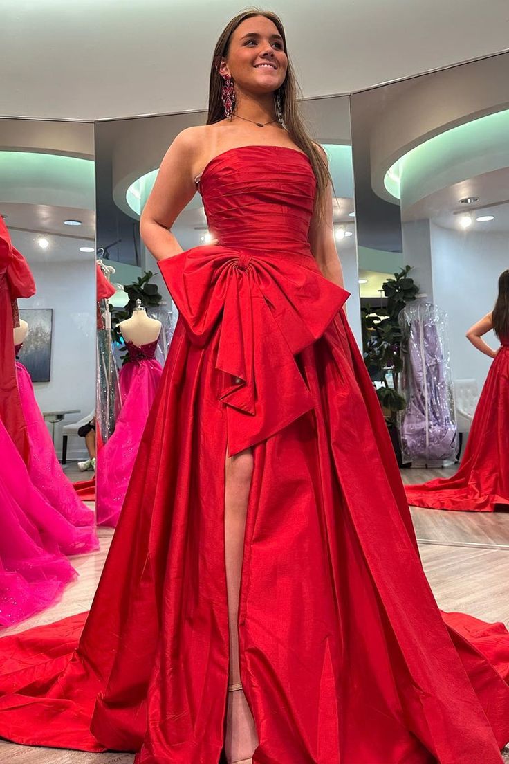 Strapless A-Line Satin Long Evening Prom Dresses With Bowknot