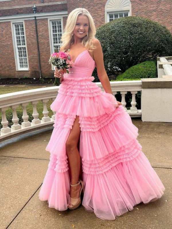 PM550,Gorgeous V Neck Layered Pink Tulle Long Prom Dresses with High Slit, Long Pink Tulle Formal Evening Dresses