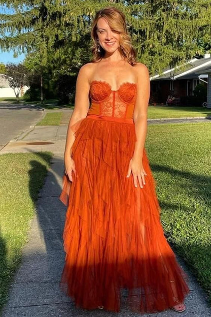 PM547,Rust Red Lace Tulle Prom Evening Dresses, Charming Sweetheart Rust Tiered Long Prom Dress with Slit