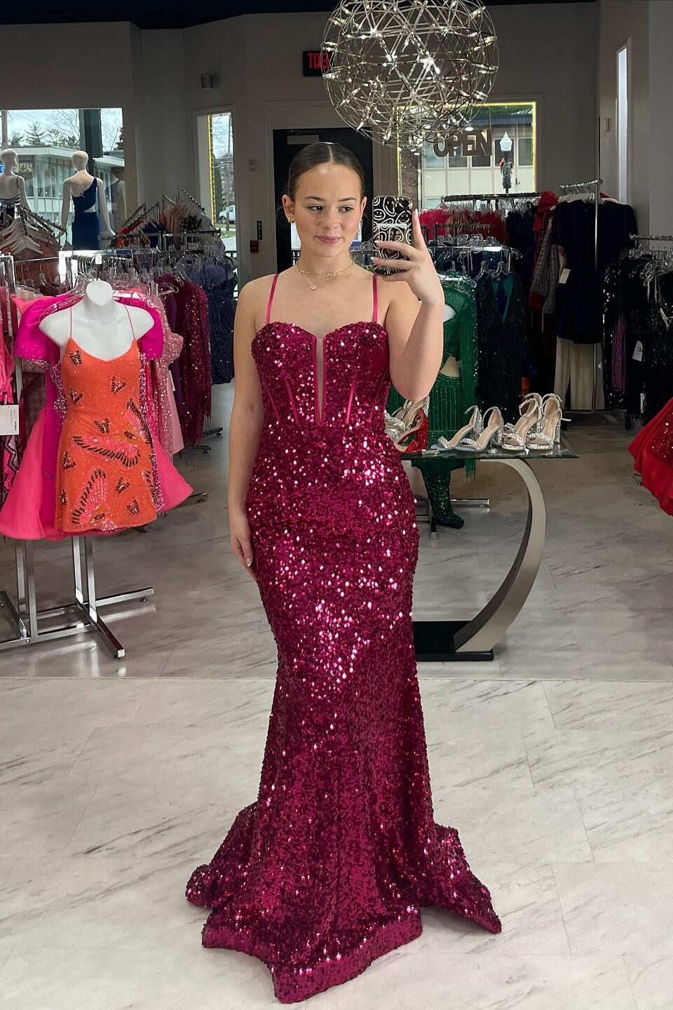 Straps Purple Sequin Long Party Dress
