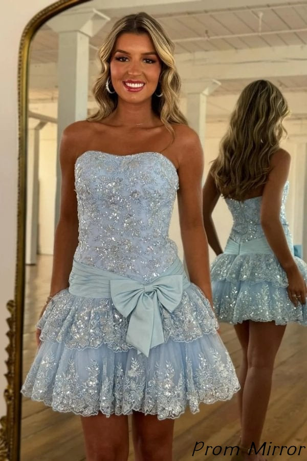 Flirty Blue Strapless Homecoming Dress Mini Sleeveless Applique with Bow