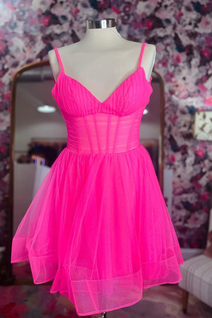 PM527,Hot Pink Tulle Pleated A-Line Homecoming Dress