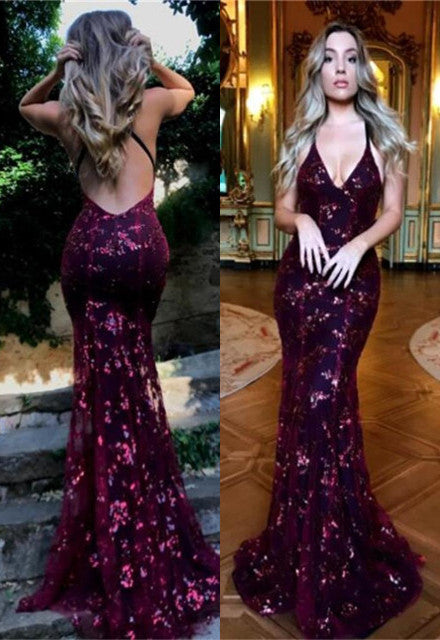 Mermaid Sequins Backless Long Prom Dress