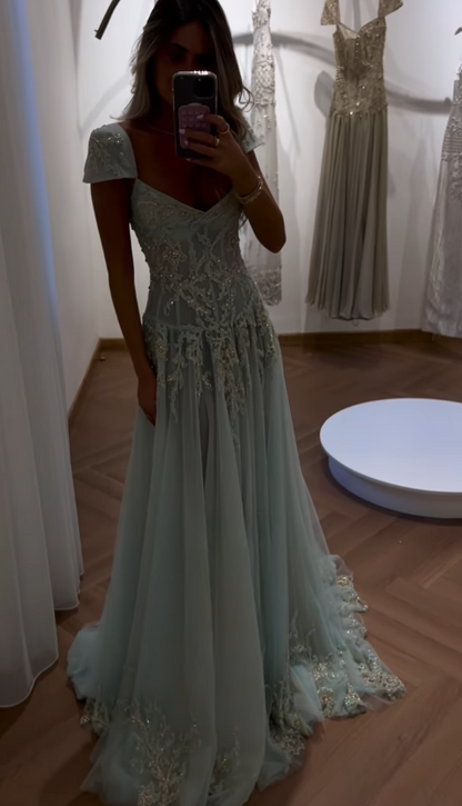 Baby Blue A Line Exquisite Beaded Tulle Prom Dress Wedding Guest Dress