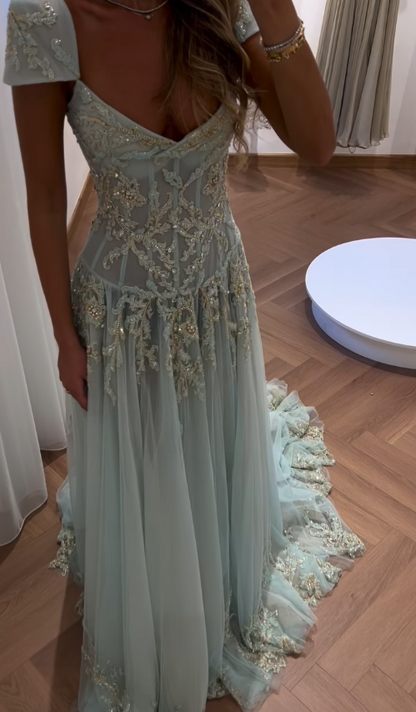 Baby Blue A Line Exquisite Beaded Tulle Prom Dress Wedding Guest Dress