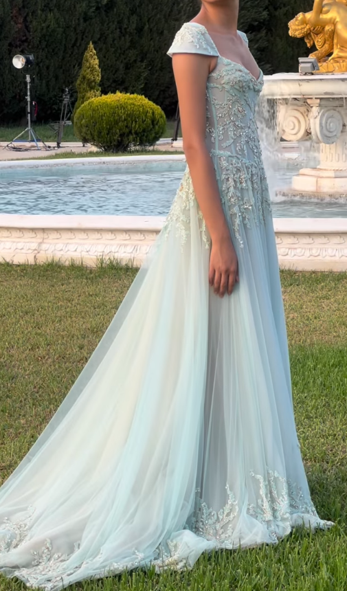 Baby Blue A Line Exquisite Beaded Tulle Prom Dress Wedding Guest Dress