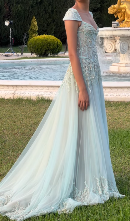 Baby Blue A Line Exquisite Beaded Tulle Prom Dress Wedding Guest Dress