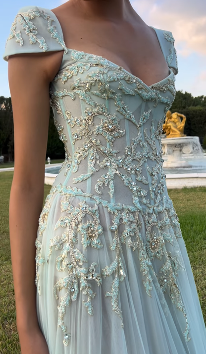 Baby Blue A Line Exquisite Beaded Tulle Prom Dress Wedding Guest Dress