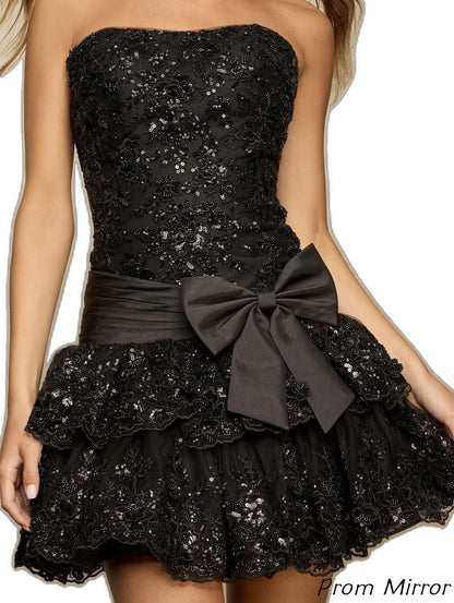 Flirty Blue Strapless Homecoming Dress Mini Sleeveless Applique with Bow