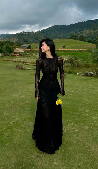 Black Lace Sexy A Line Long Sleeve Evening Dress Prom Dresses Formal Gown