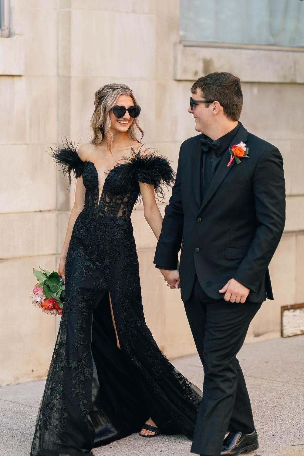 Fur Off the Shoulder Red Lace Mermaid Long Formal Dress