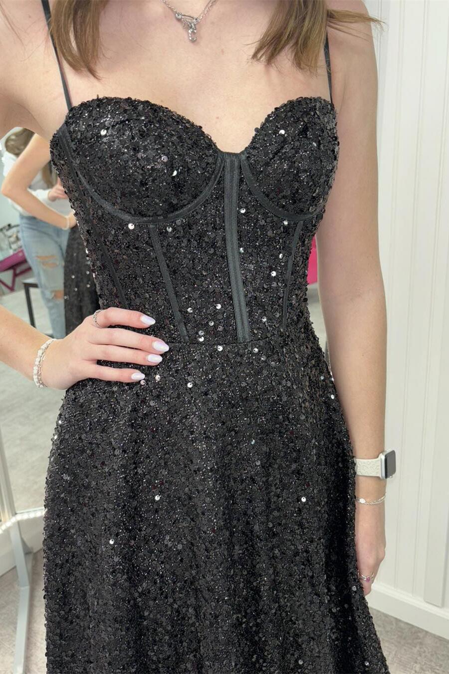 Black Sequin Corset A-line Long Prom Dress