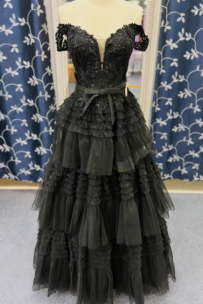 Black Off the Shoulder Tulle Tiered Ruffles Gown