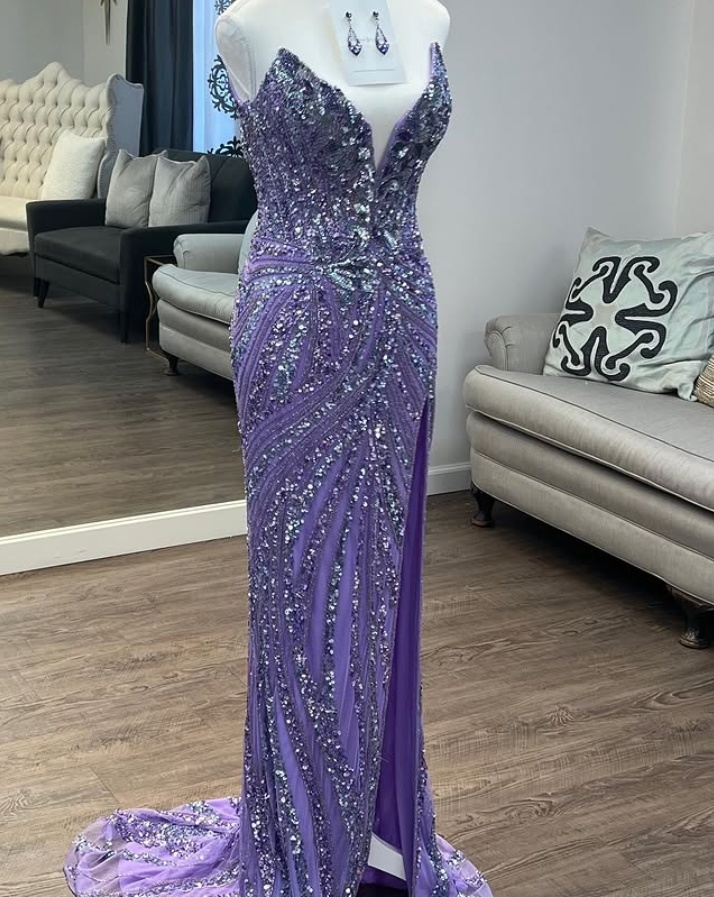 Vintage Strapless Sequins V-Neck Sheath High Slit Long Prom Dress