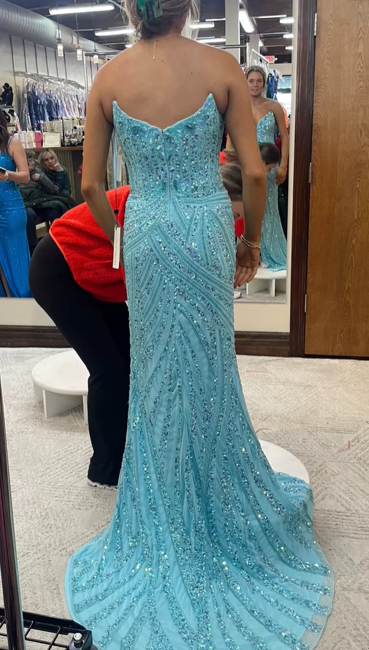 Vintage Strapless Sequins V-Neck Sheath High Slit Long Prom Dress