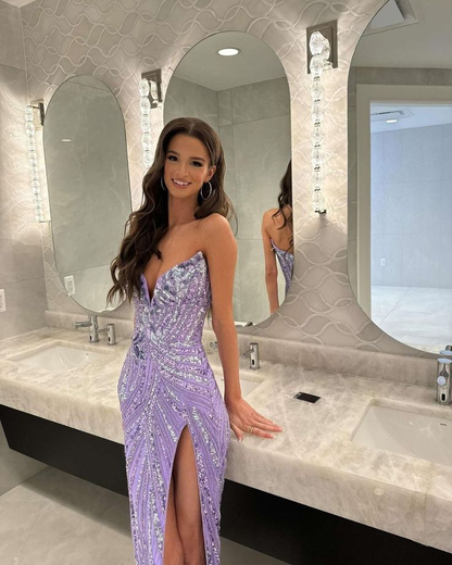 Vintage Strapless Sequins V-Neck Sheath High Slit Long Prom Dress