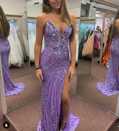 Vintage Strapless Sequins V-Neck Sheath High Slit Long Prom Dress
