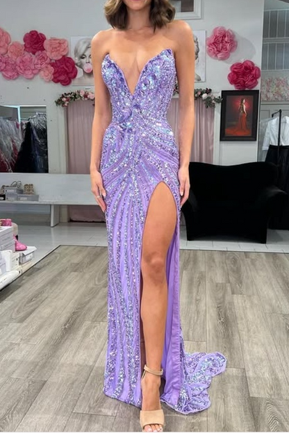 Vintage Strapless Sequins V-Neck Sheath High Slit Long Prom Dress