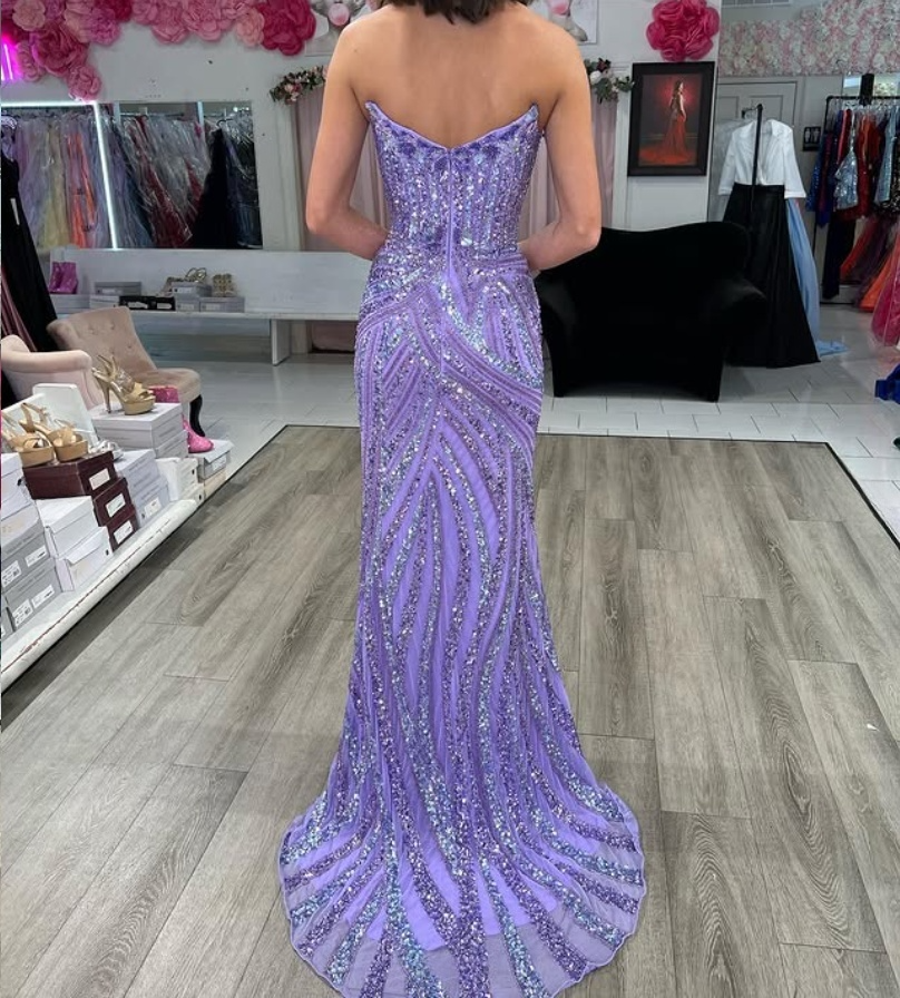 Vintage Strapless Sequins V-Neck Sheath High Slit Long Prom Dress
