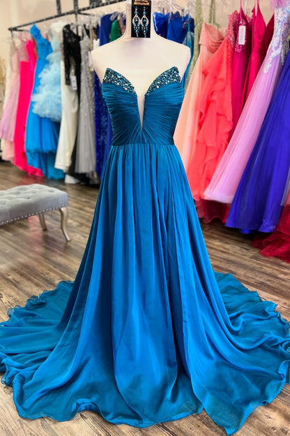 Strapless V Neck Pink Chiffon Long Prom Dress