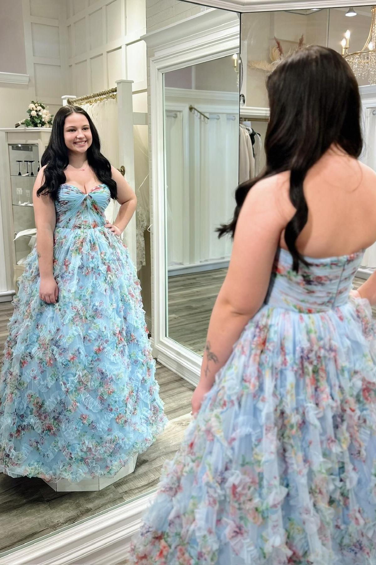 Strapless Blue Floral Ruched A-line Long Ball Gown