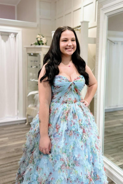 Strapless Blue Floral Ruched A-line Long Ball Gown