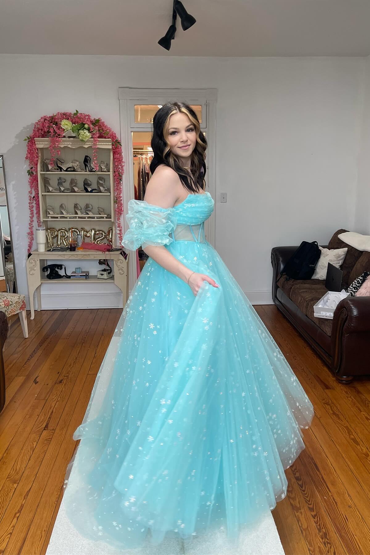 Strapless Blue Tulle Starry Long Formal Gown