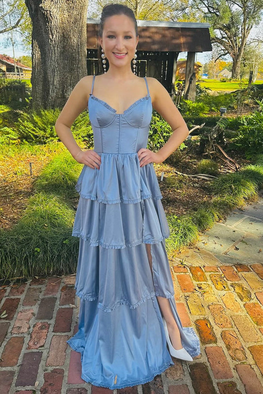 Blue Layered A-line Long Party Dress with Slit