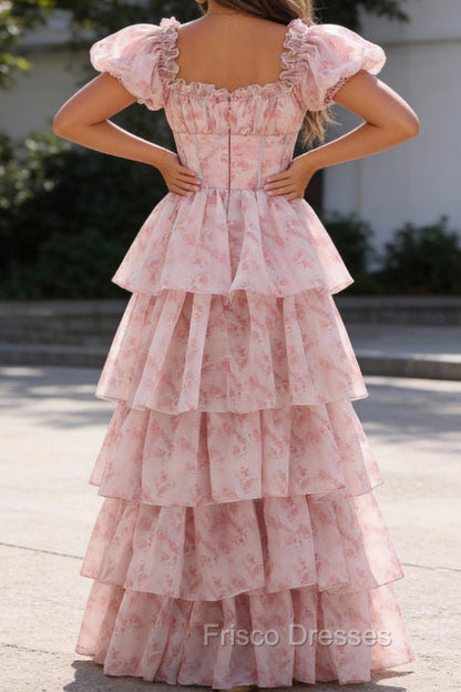 Blush Pink A Line Square Neck Tiered Prom Dress with Ruffles