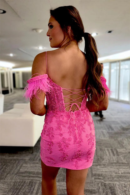 Off The Shoulder Pink Feather Applique Lace Homecoming Dress