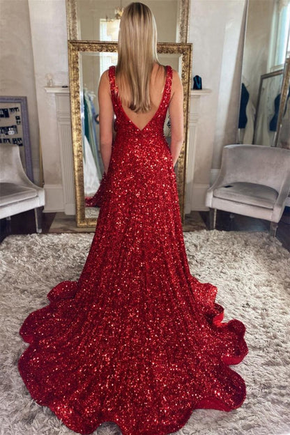 Red Sequin V-Neck Prom Dresses With Pockets