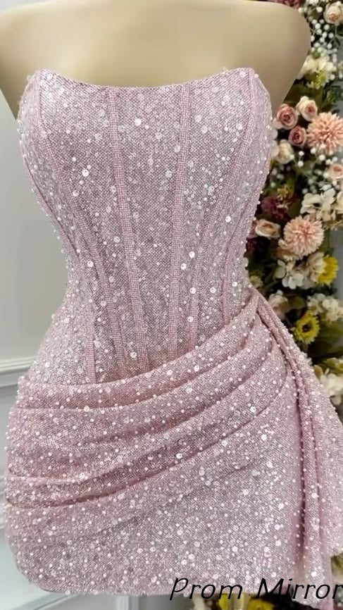 Cute Pink Strapless Bodycon Sequins Homecoming Dress