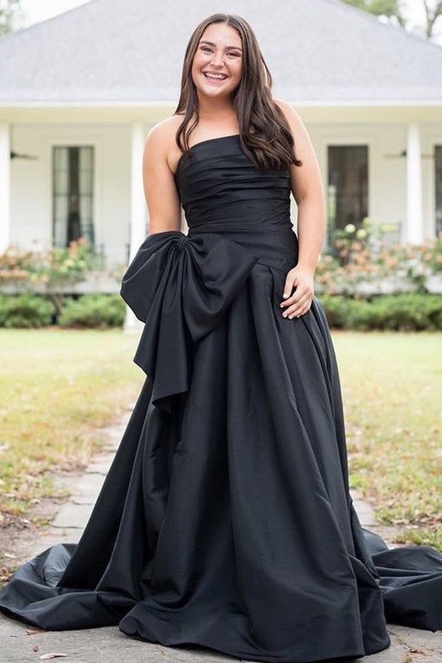 Strapless A-Line Satin Long Evening Prom Dresses With Bowknot