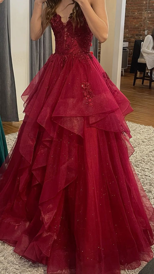 Chic Ball Gown Spaghetti Straps Burgundy Tulle Lace Long Prom Dress Evening Formal Gowns