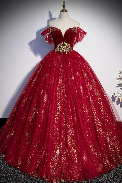 Sparkle Wine Red Off the Shoulder Ball Gown