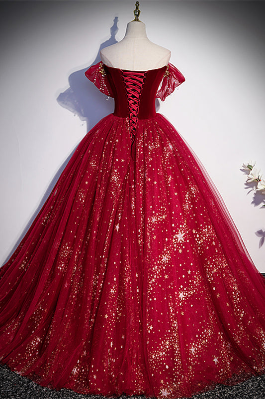 Sparkle Wine Red Off the Shoulder Ball Gown