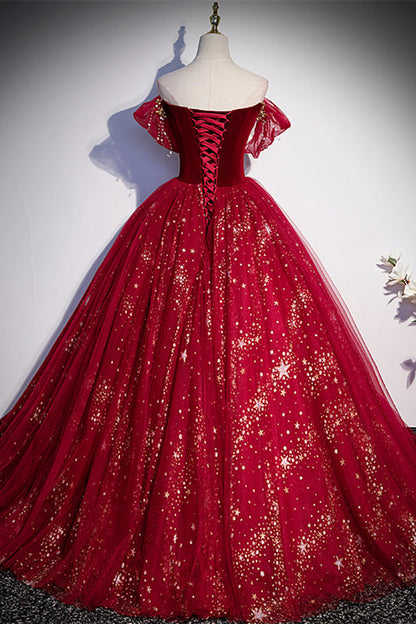 Sparkle Wine Red Off the Shoulder Ball Gown